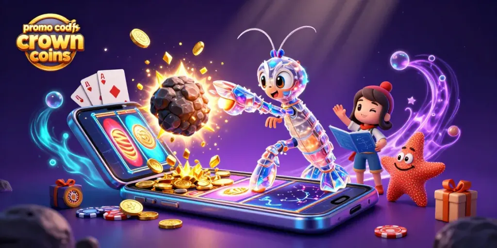 Engage with a vibrant illustration showcasing the promo code for crown coins casino, featuring dynamic characters and casino elements.