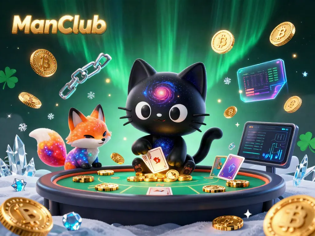 Win big at ManClub’s cosmic casino with a vibrant scene featuring a black hole cat and nebula fox.