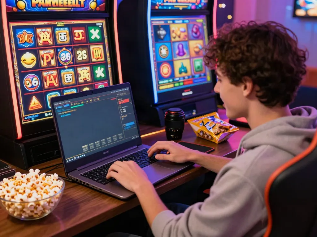 Permainan slot777 yang menggembirakan dengan grafik mesin slot berwarna-warni dalam suasana ceria.
