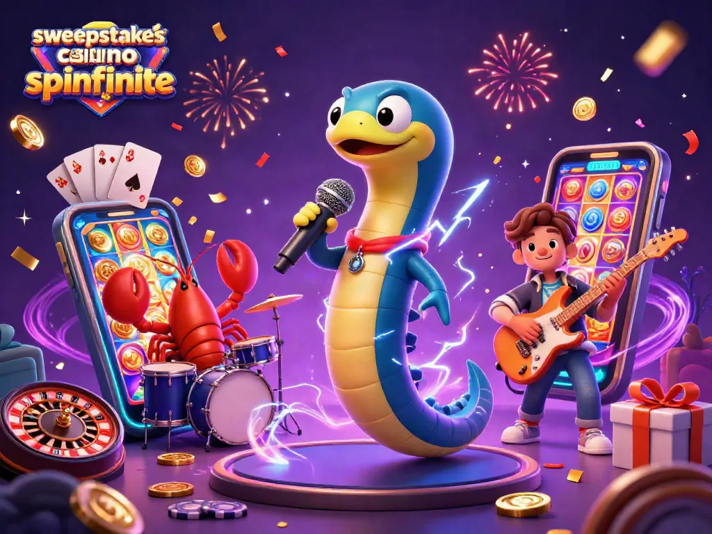Experience the excitement with sweepstakes casino sign up bonus spinfinite, featuring vibrant casino elements and lively characters.