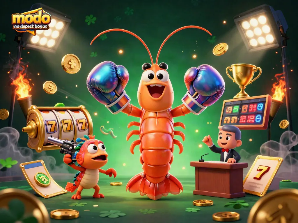 Enjoy the modo casino no deposit bonus with playful cartoon characters set amid exciting slot game elements.