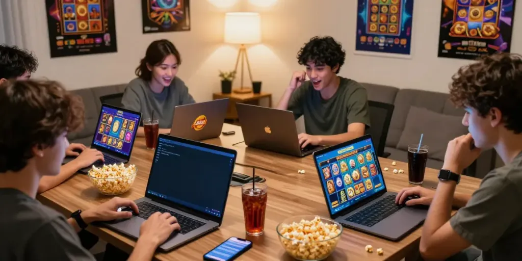 Engaged players enjoying Slot MAHJONGJP88 in a cozy gaming setup with snacks and vibrant screens.