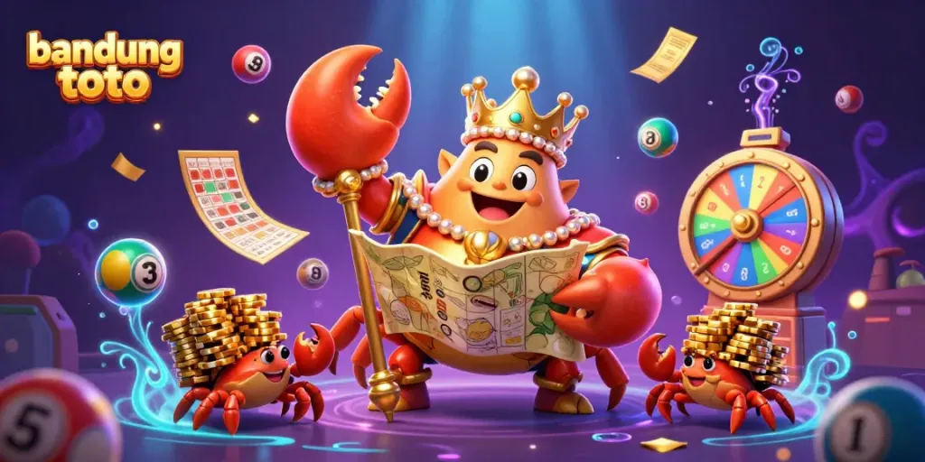 Engage in exciting games with bandung toto featuring a golden crab emperor surrounded by vibrant lottery elements.