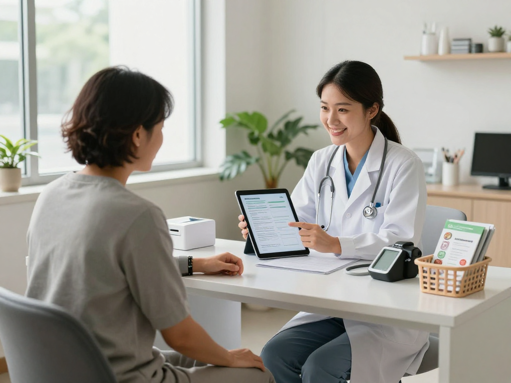 Patient engaging in a complete health checkup with a doctor in a modern clinic, showcasing professional care.