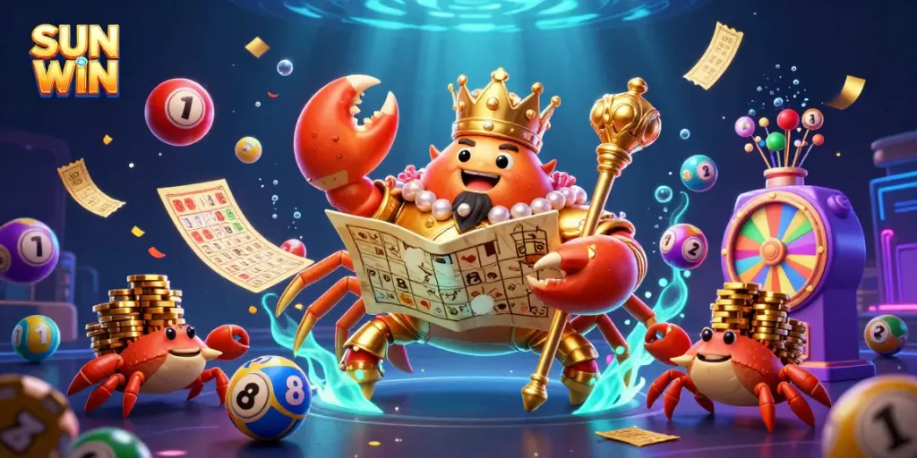 Engage with exciting games at SUN WIN featuring a golden crab emperor and vibrant casino elements.