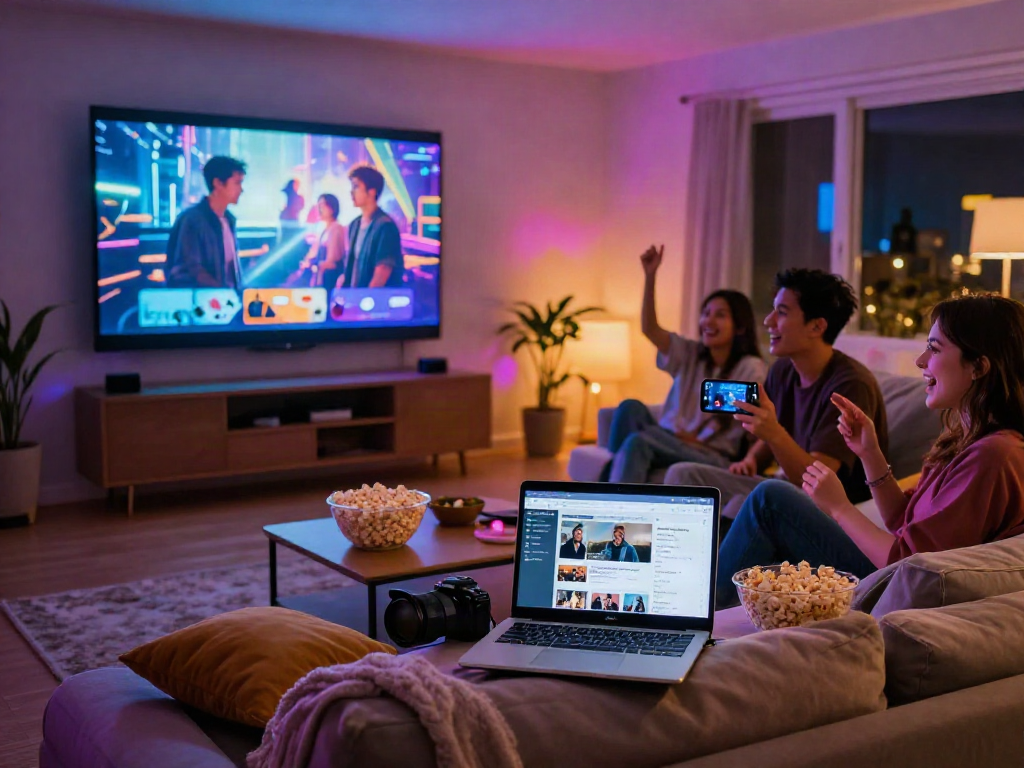 Group of friends enjoying Moviebox apk on a cozy evening in a vibrant home theater.