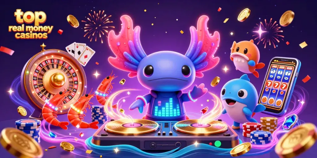 Experience top real money casinos with a vibrant underwater DJ scene featuring engaging characters and dynamic casino elements.