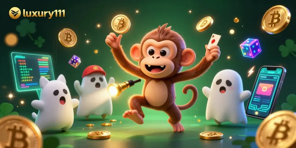 Experience thrilling gameplay with luxury111 in a vibrant haunted casino scene filled with golden treasures.