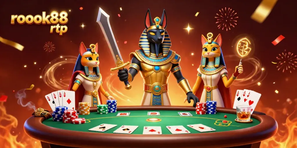 Mengungkap rokok88 rtp dalam ilustrasi 3D pertarungan kasino yang dramatis dengan Anubis dan Bastet.