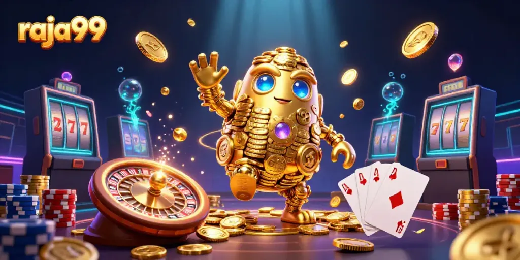 Experience thrilling gameplay with raja99's golden golem amidst swirling casino treasures.