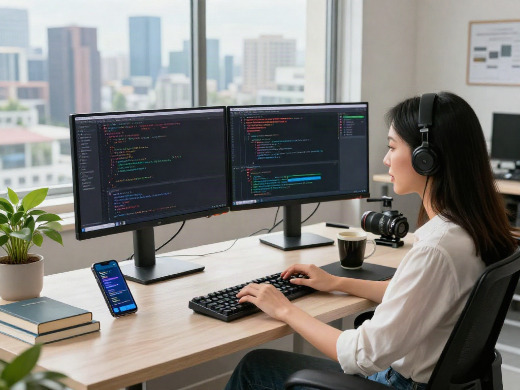 Creating an nsfw chat bot in a modern tech workspace with vibrant city view