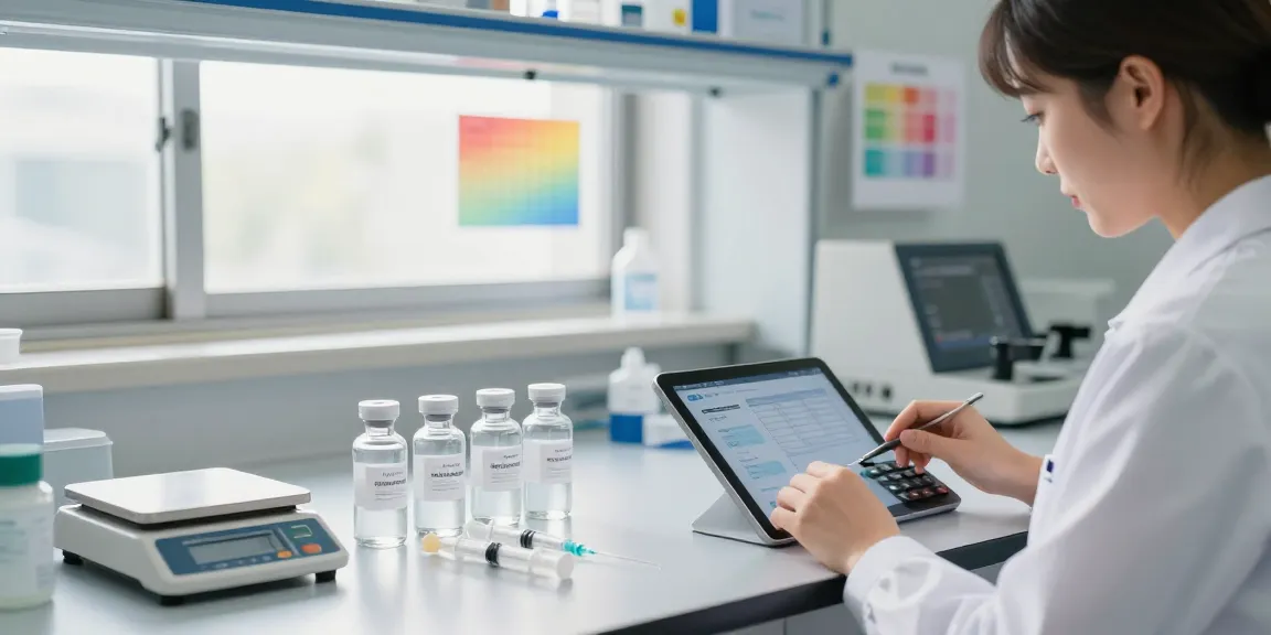 Researcher using peptide dosage calculator with vials and syringes in bright lab