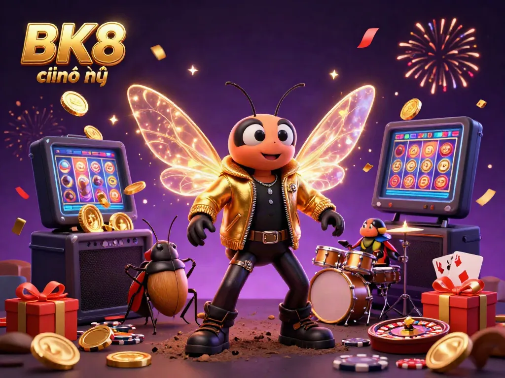 Engaging BK8 chính thức casino scene featuring a cicada rock star and a beetle drummer amidst colorful gaming elements.