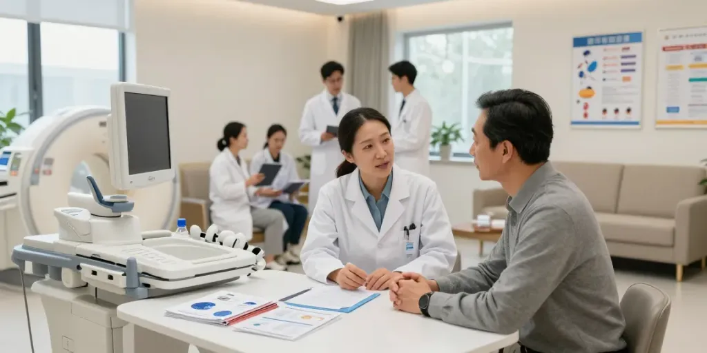 Engaging in prostate cancer care discussion with doctor in modern clinic.