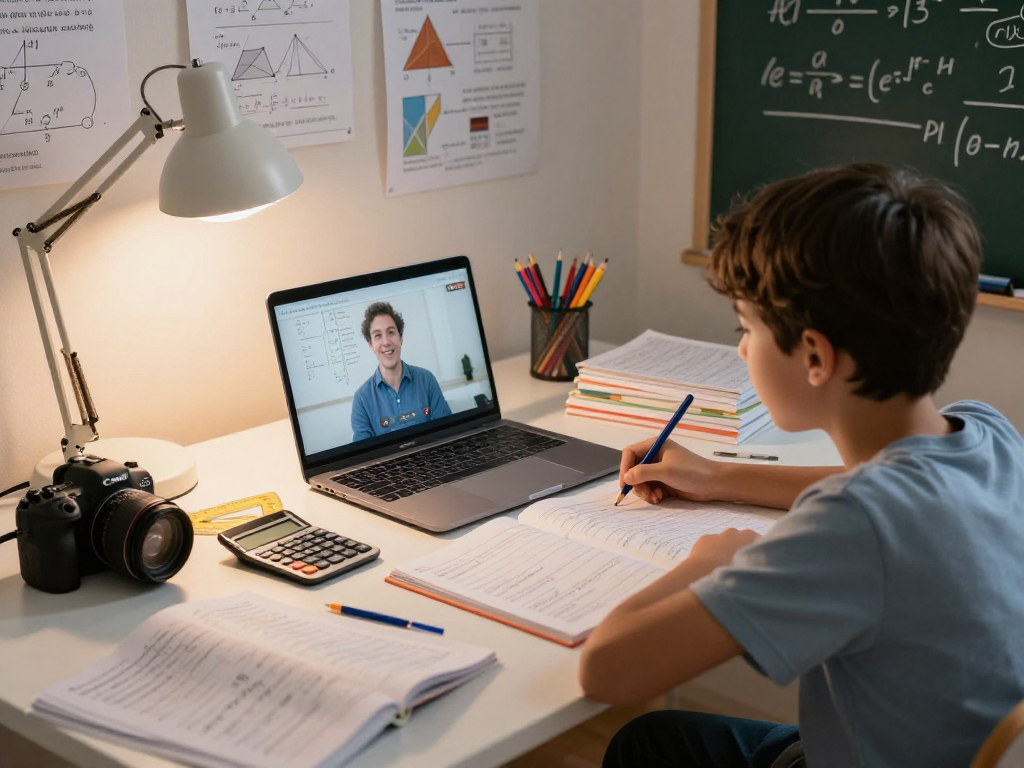 Youth engaging with maths tutors online in a cozy study room, surrounded by educational materials and tools.