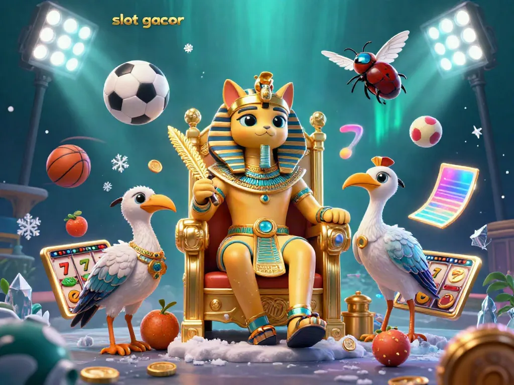 Engaging 3D illustration of a pharaoh cat with slot gacor elements and dynamic sports imagery.