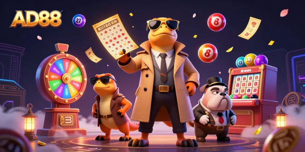 Raptors in a trench coat enter a VIP casino lounge showcasing the AD88 gaming platform.