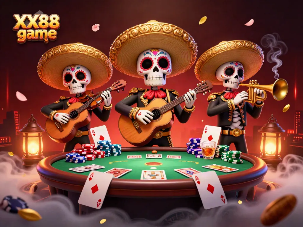 Experience the excitement of the XX88 game as skeleton mariachi players engage in a vibrant casino atmosphere.