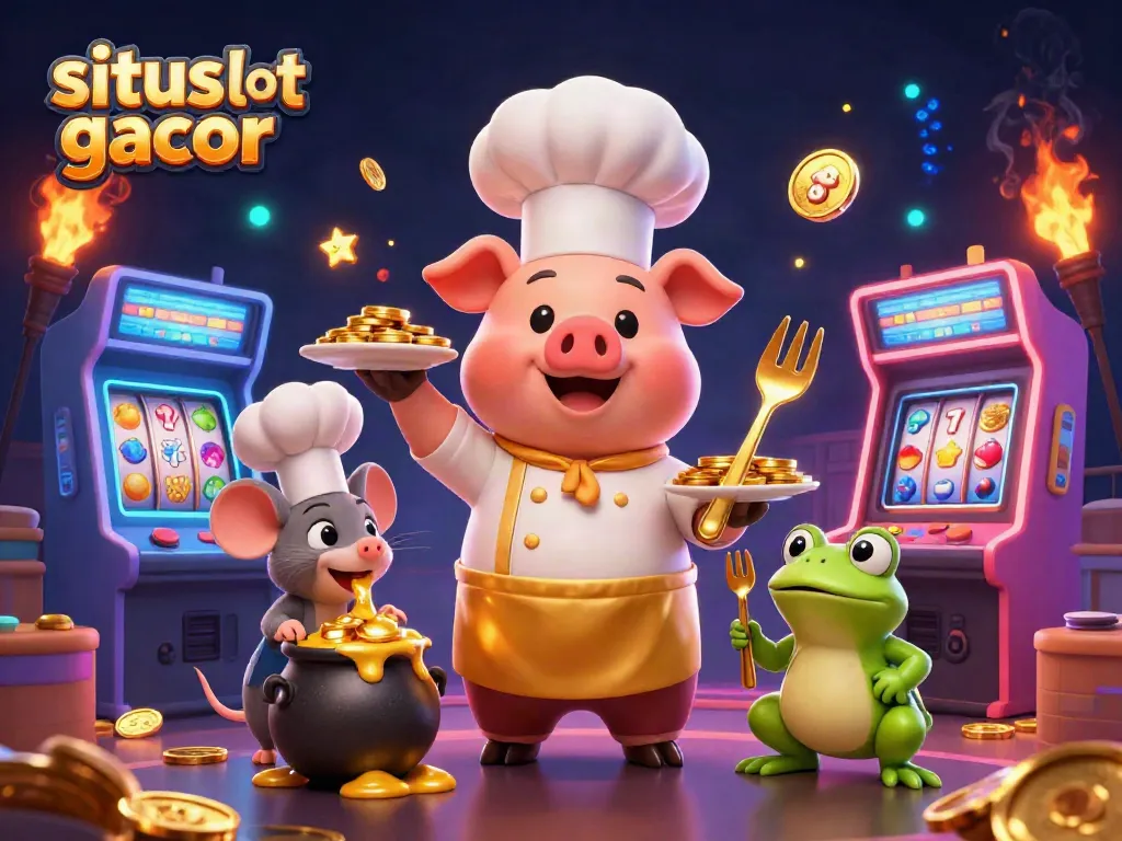 Win big at situs slot gacor with this vibrant 3D scene showcasing fun characters and casino elements.