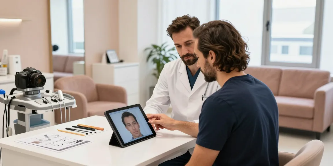 Consultation at a hair transplant Istanbul clinic with patient and surgeon discussing options.