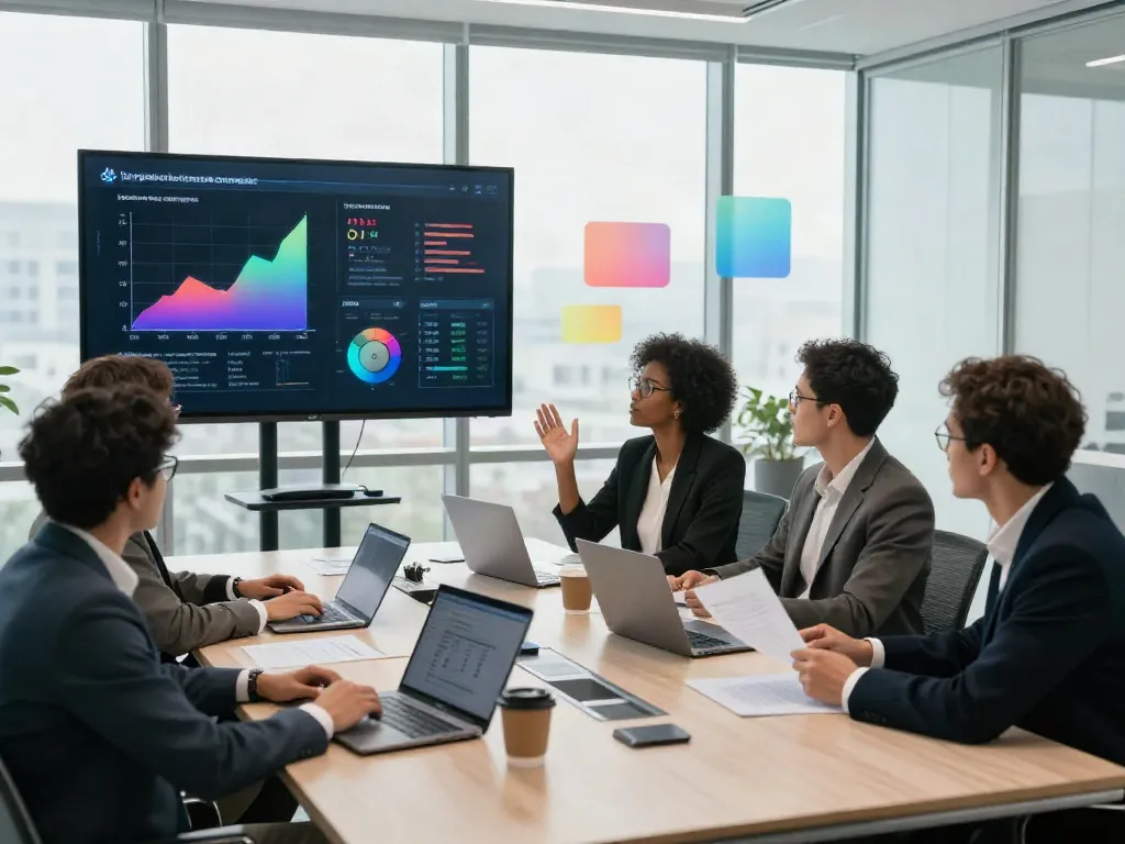Team meeting analyzing trends in the largest insurance companies in a modern conference room