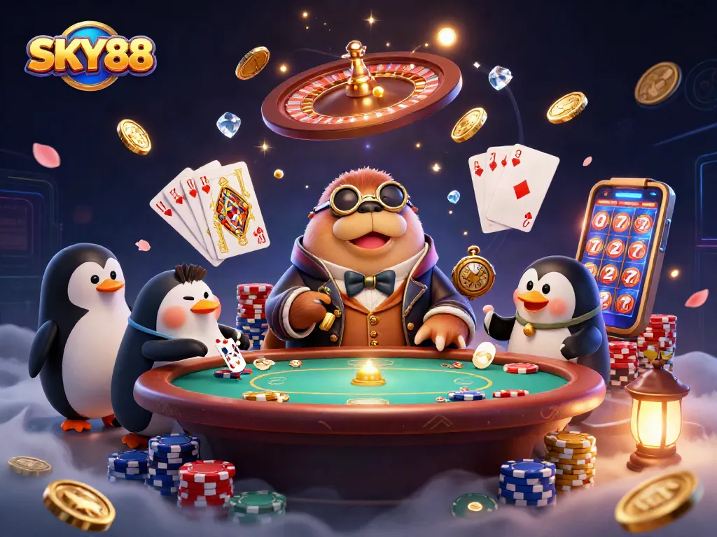 Experience thrilling gameplay at SKY88 with a jolly walrus, penguin dealer, and a bluffing pufferfish.