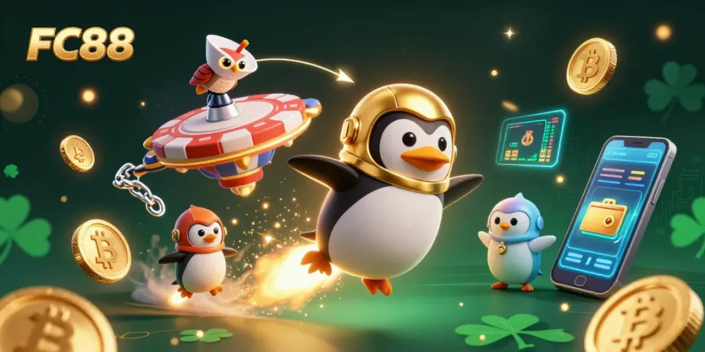 Experience the thrilling FC88 casino adventure with a golden penguin and dynamic space scene.