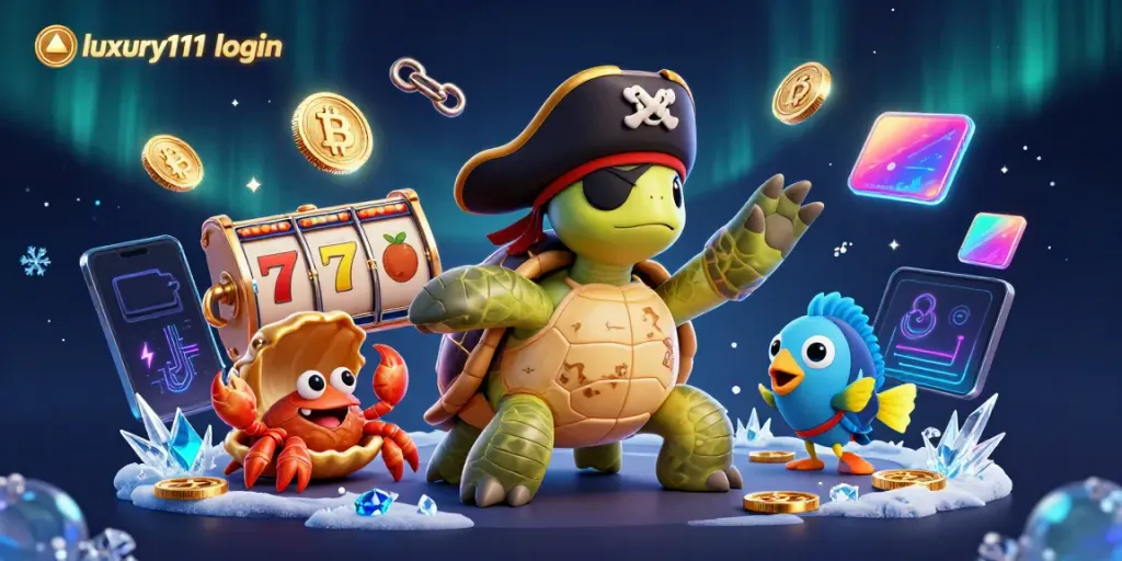 Experience seamless access with luxury111 login, showcasing vibrant slot game characters and Bitcoin coins.