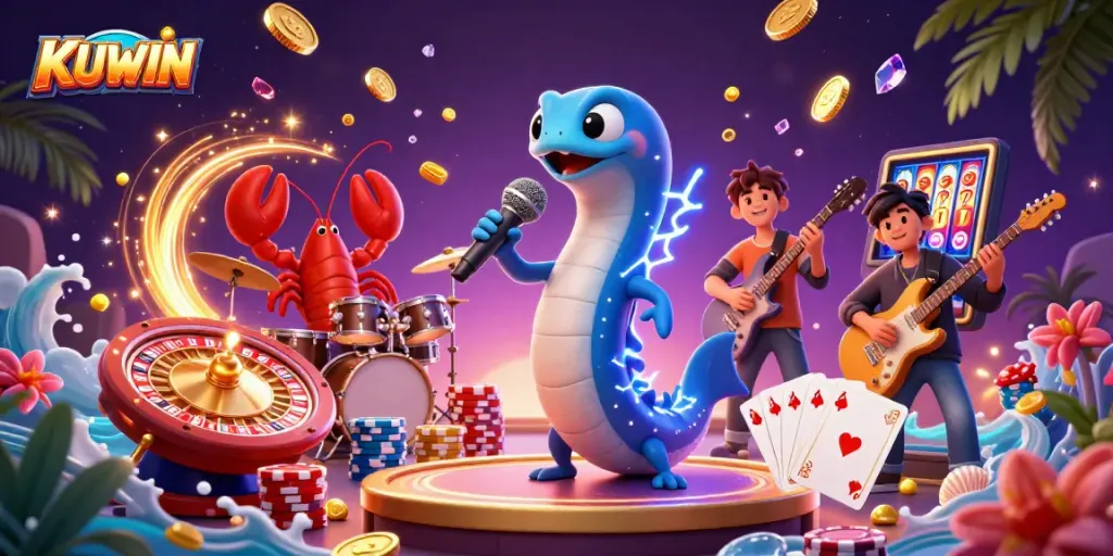 KUWIN's vibrant underwater casino scene showcases a DJ electric eel performing, surrounded by animated casino elements and a lively atmosphere.