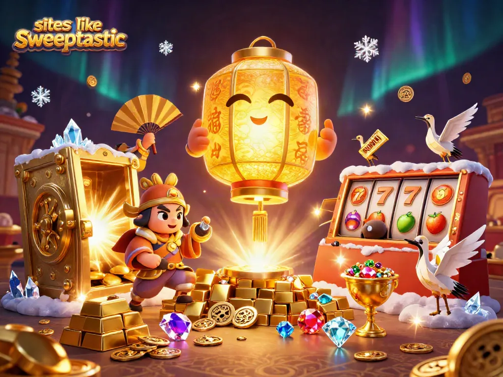 Experience excitement at sites like sweeptastic with characters and casino elements in a vibrant 3D scene.