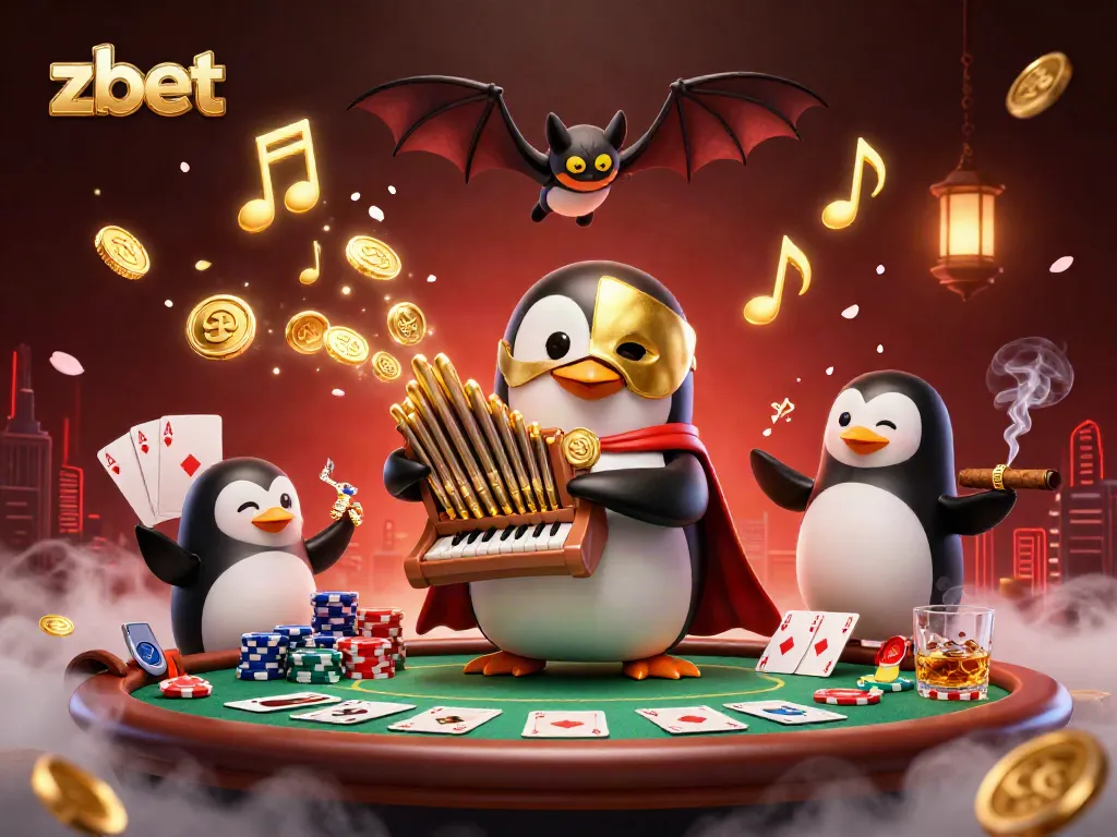 Experience thrilling games at zbet, where cartoon characters dynamic with poker chips and golden coins vibrantly celebrate gambling.