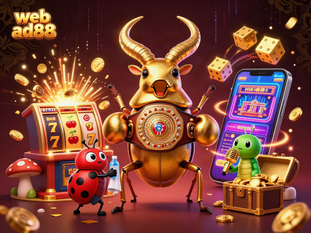 Engage with the exciting web ad88 casino scene featuring a vibrant golden beetle and thrilling slot action.
