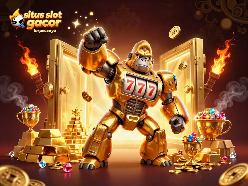 Experience thrilling wins at situs slot gacor terpercaya with a captivating golden gorilla mech and treasures.