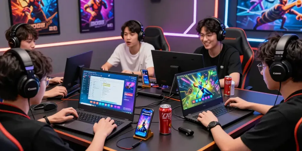 Engaging scene of players enjoying the BOS88 online gaming platform, showcasing competitive gameplay and vibrant user interface.