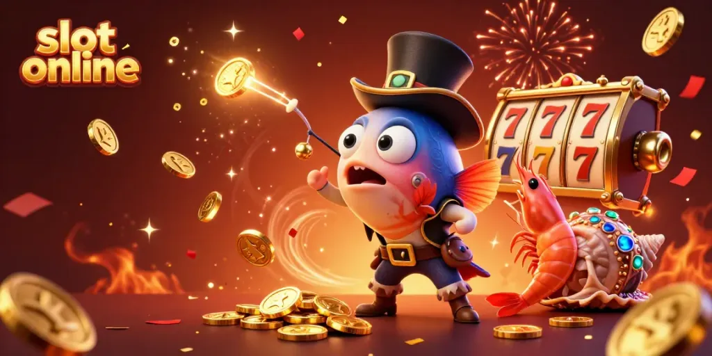Menangkan slot online dengan ikan pemancing dan karakter kasino dalam gambar yang memukau.