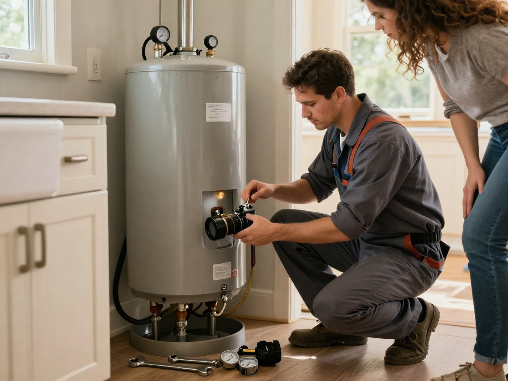 Professional plumbing repair Fort Worth expert inspecting water heater in home setting.