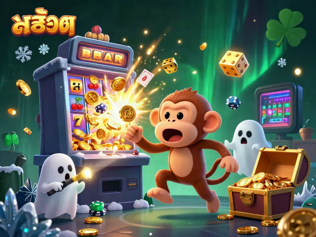 Experience the thrill of สล็อต with dynamic characters and slot machine action in a vibrant casino scene.