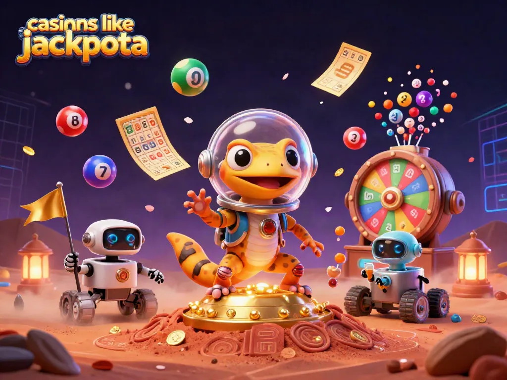 Play at casinos like jackpota with a Martian gecko and robot rover in a vibrant cosmic casino.