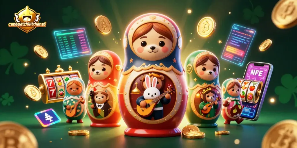 Cocktail of excitement with canepatchkitchensd, showcasing vibrant slot reels and charming casino-themed characters.
