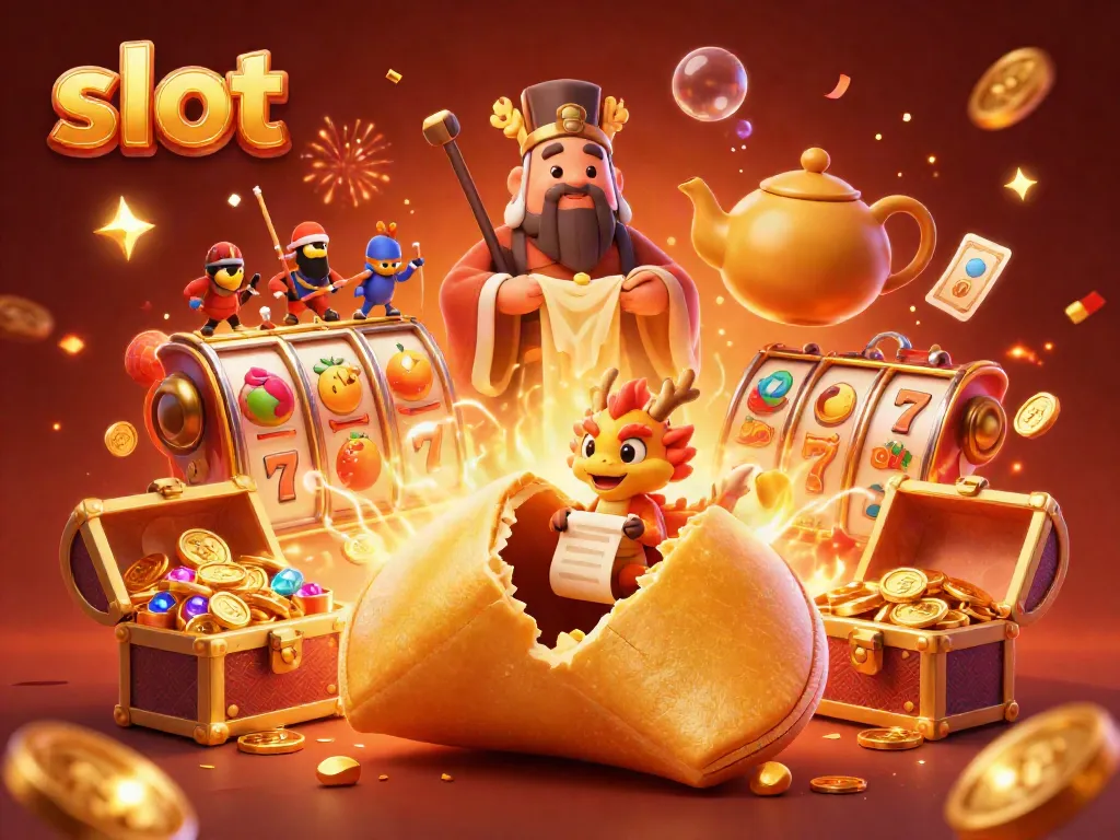 Menggali slot melalui 3D kartun, dengan simbol buah, peti harta, dan naga bijak.