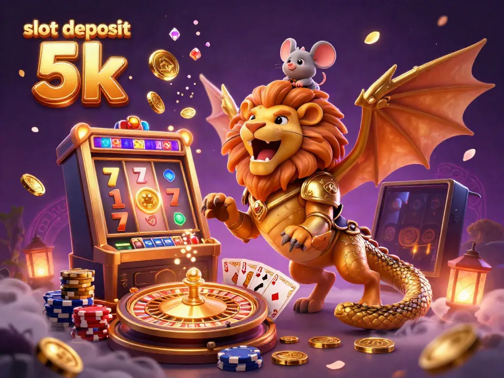 Experience the thrill of online gaming with slot deposit 5k in this vibrant 3D illustration featuring dynamic game elements and characters.