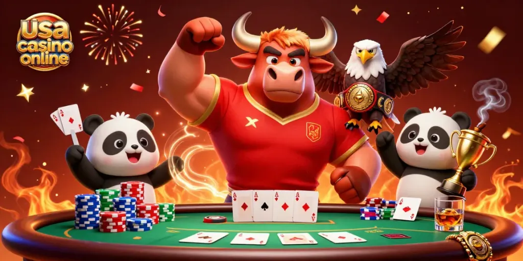 Experience excitement with the usa casino online, winning trophies surrounded by poker elements.