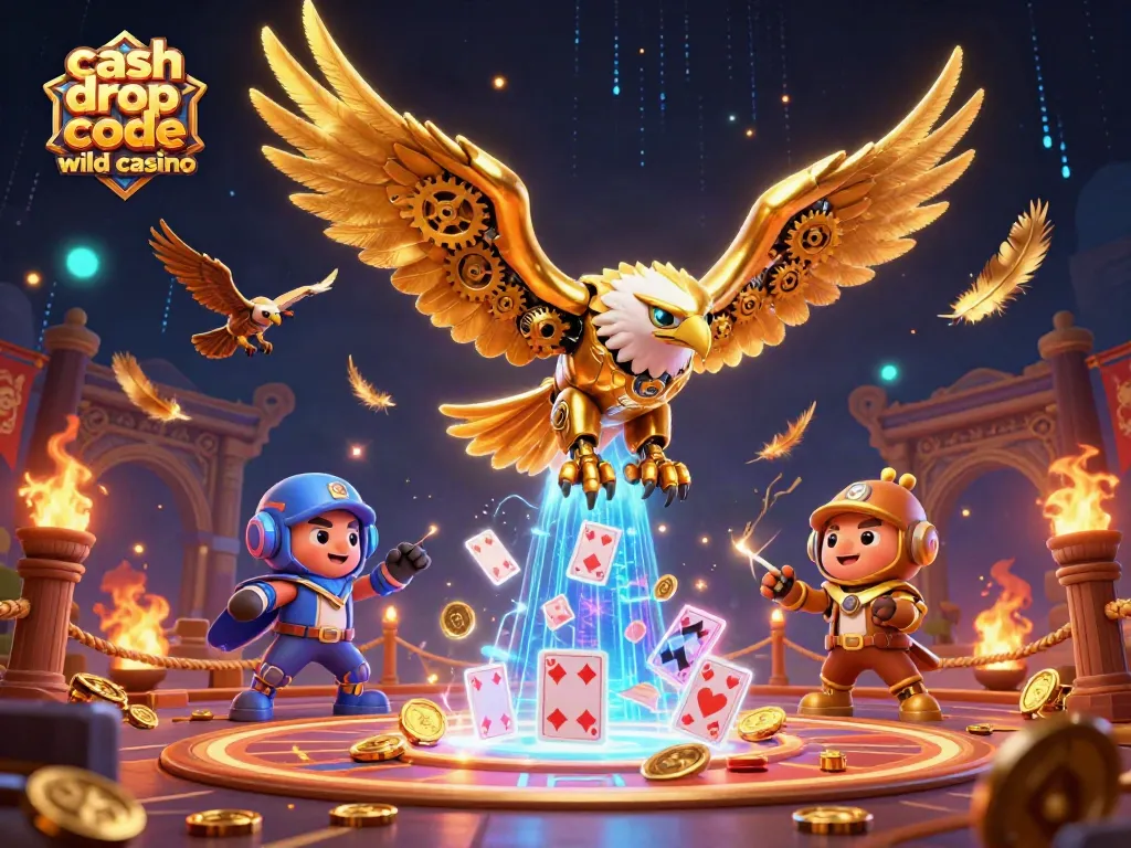 Engage with the cash drop code wild casino in this vibrant, action-packed 3D illustration of a cybernetic eagle.