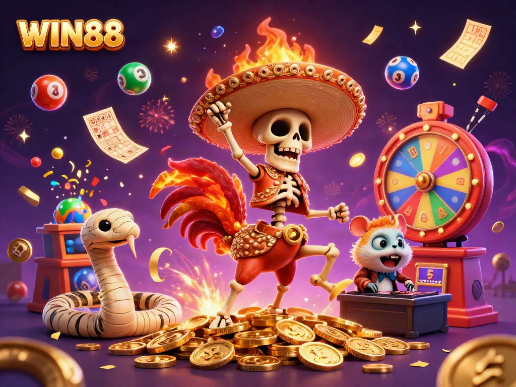 Engaging WIN88 celebration scene with lively characters and colorful casino elements.
