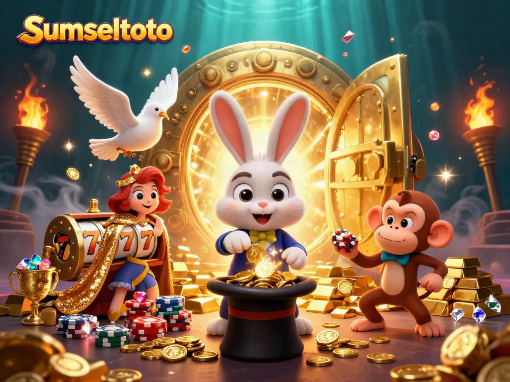 Experience the magic of sumseltoto as a cartoon rabbit conjures coins in a vibrant casino scene.