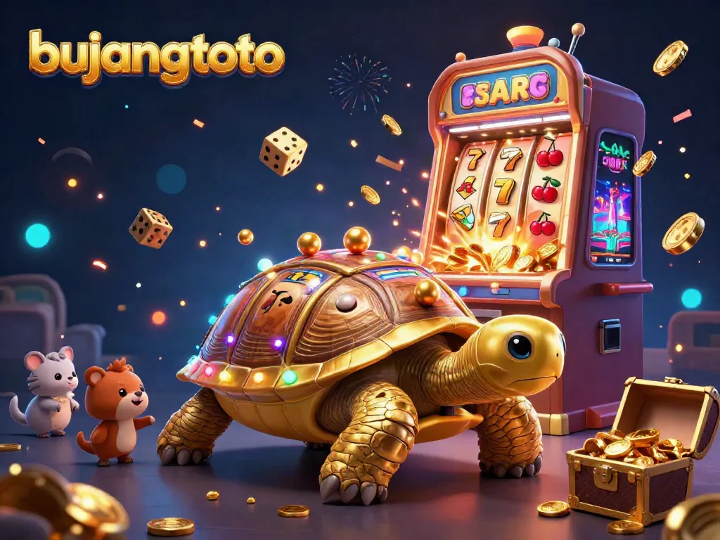 Bujangtoto captivating illustration with a golden tortoise pinball, slot machine, and vivid casino elements.