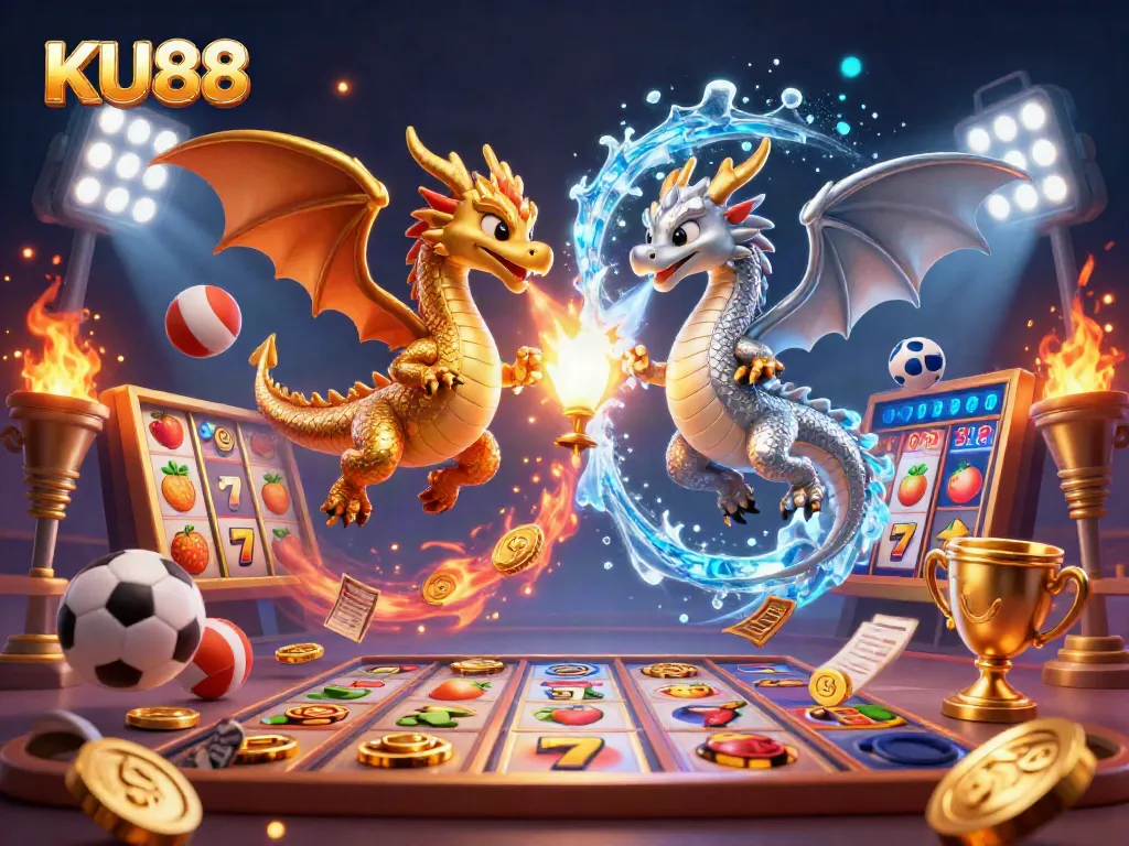 Win jackpots and level up your gaming experience with KU88's dynamic online slot scene featuring dragons.