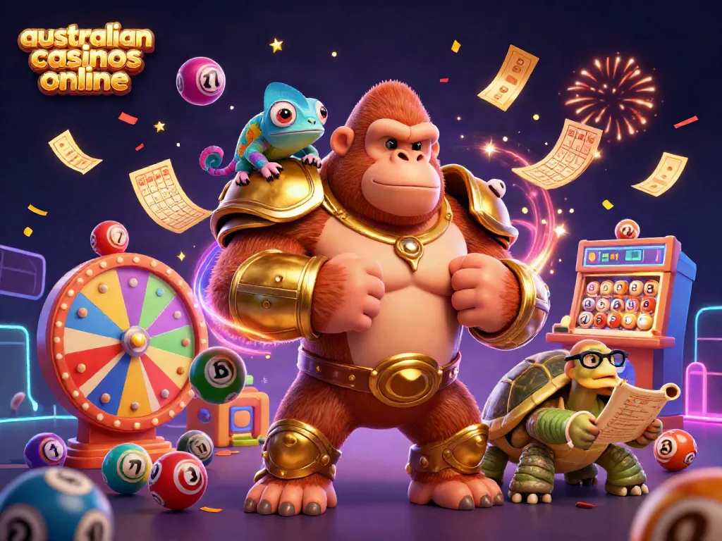 Engaging scene of a powerful gorilla and friends celebrating at australian casinos online with vibrant gaming elements.