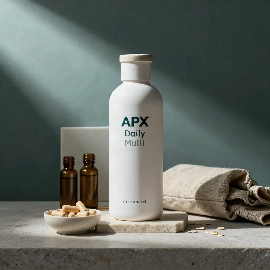 Vitamin bottle hero with capsules, amber vials, and linen pouch on travertine in moody studio light.