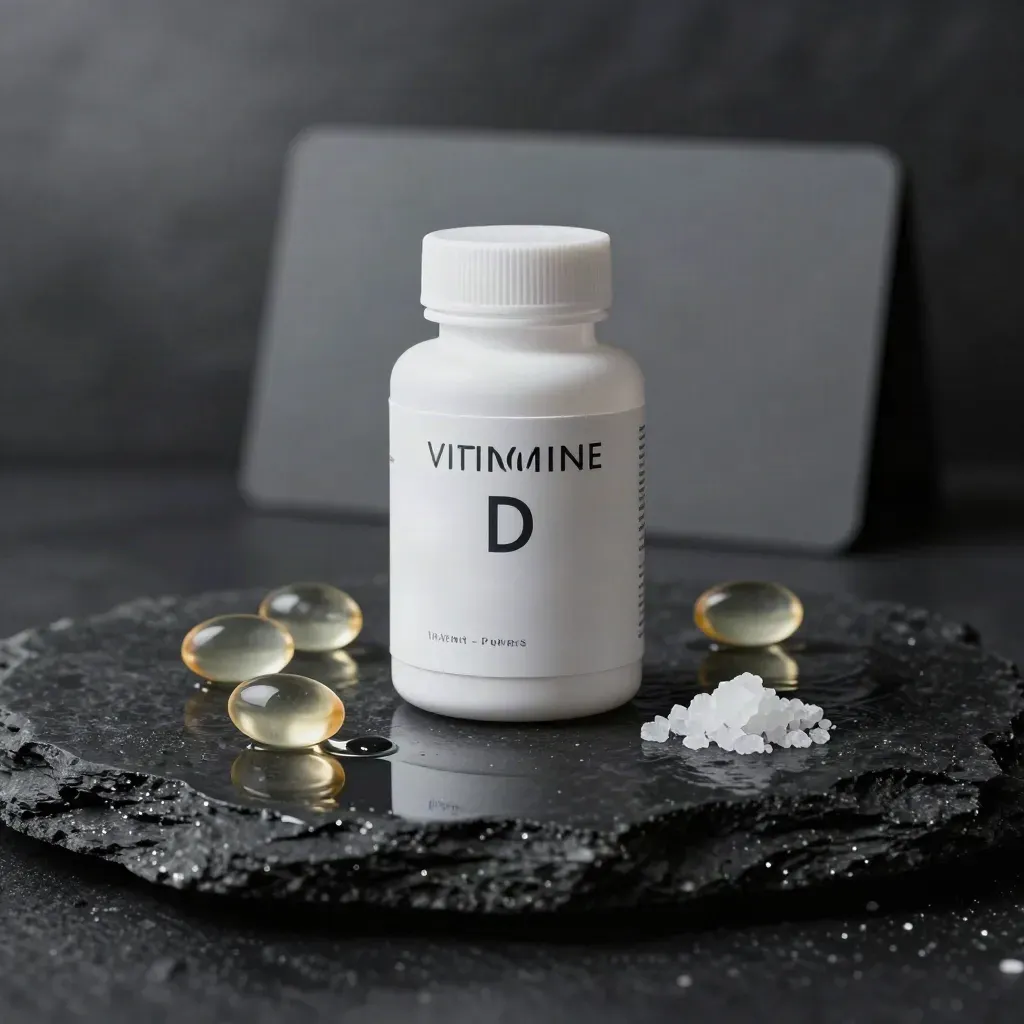 Unlabelled vitamin D3 bottle hovering above wet basalt with softgels and a salt chip.